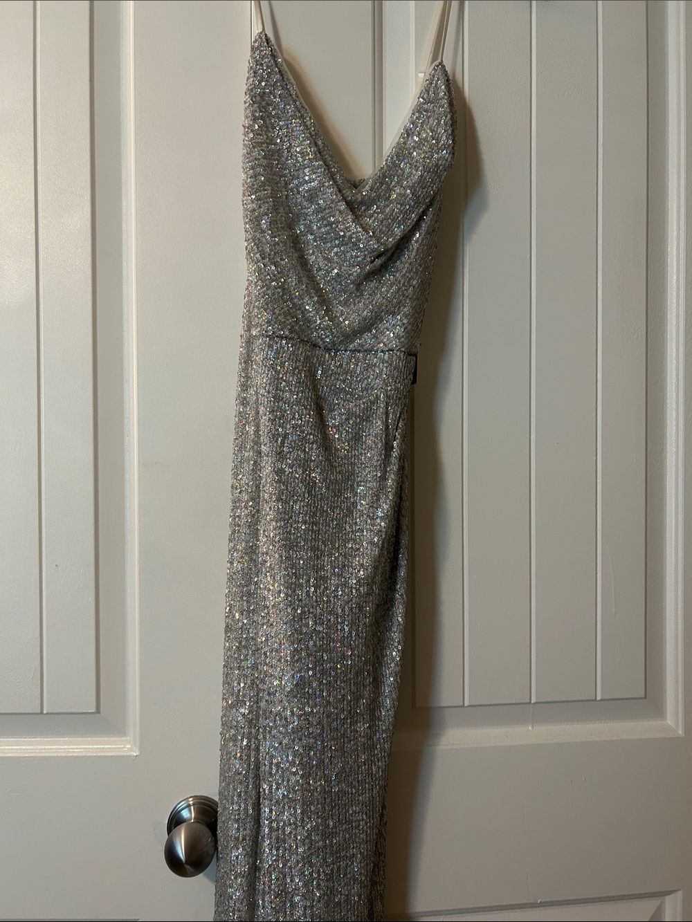Sequin Cowl-Neck Evening Gown - Silver